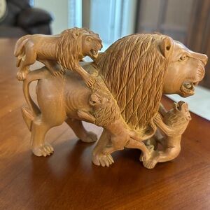 Sandalwood Hand-Carved Lion Family Figurine